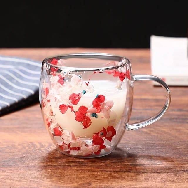 Real flower double-layer glass cup